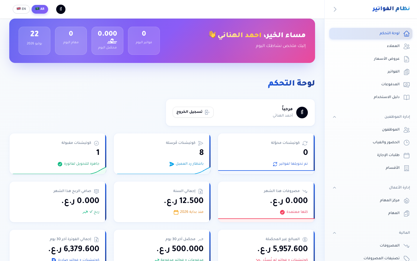 المصروفات ولوحة المؤشرات
